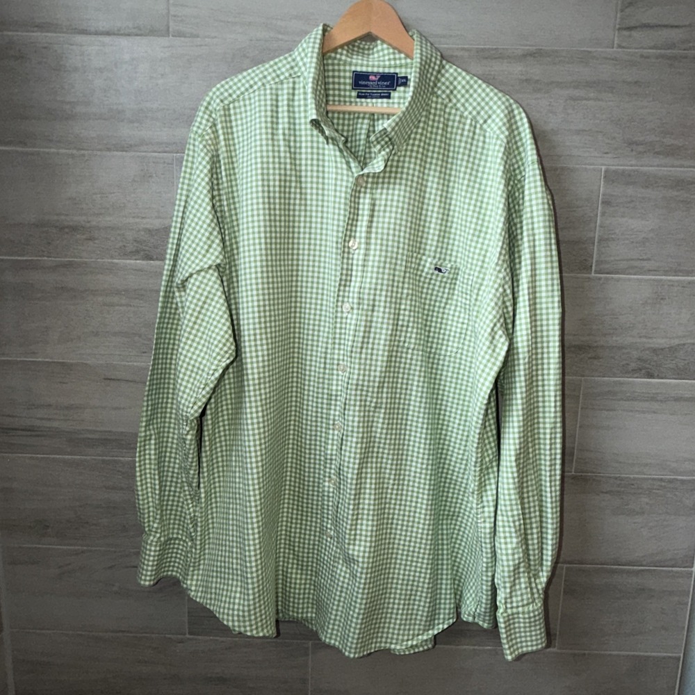 Vineyard Vines Slim Fit Tucker Shirt XXL Green White Gingham Pattern 100% Cotton